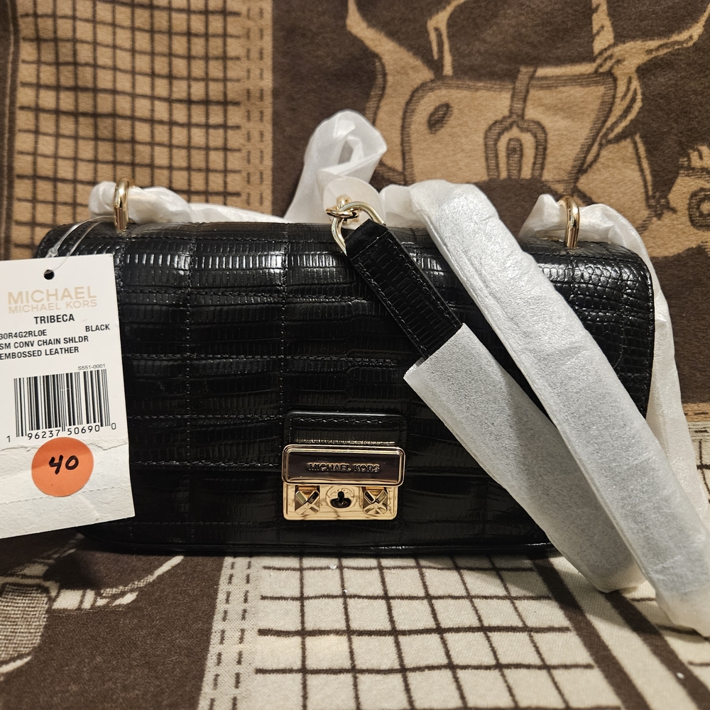 Michael Kors Tribeca Black Embossed Leather Shoulder Bag